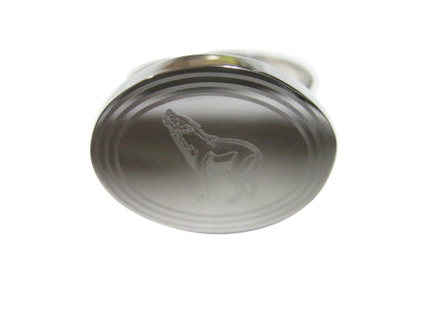 Silver Toned Etched Oval Howling Wolf Adjustable Size Fashion Ring