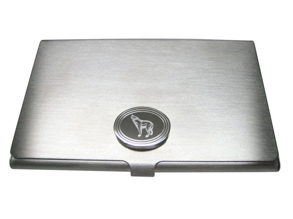 Silver Toned Etched Oval Howling Wolf Business Card Holder