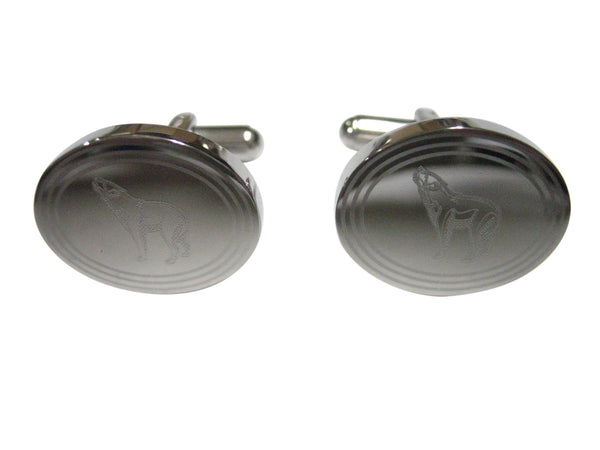 Silver Toned Etched Oval Howling Wolf Cufflinks