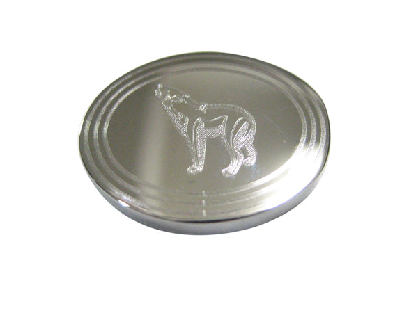 Silver Toned Etched Oval Howling Wolf Magnet
