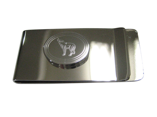 Silver Toned Etched Oval Howling Wolf Money Clip