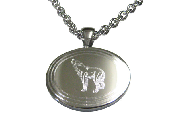 Silver Toned Etched Oval Howling Wolf Pendant Necklace