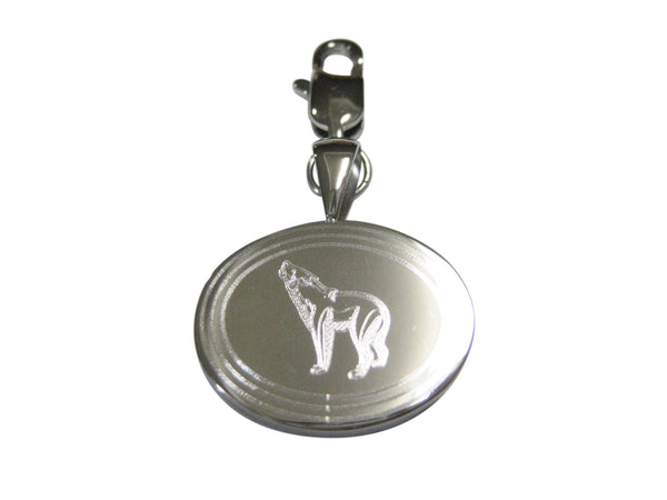 Silver Toned Etched Oval Howling Wolf Pendant Zipper Pull Charm