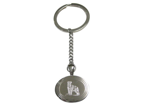 Silver Toned Etched Oval Hyena Pendant Keychain