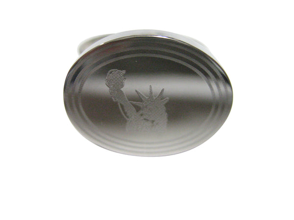 Silver Toned Etched Oval Iconic Statue of Liberty Adjustable Size Fashion Ring
