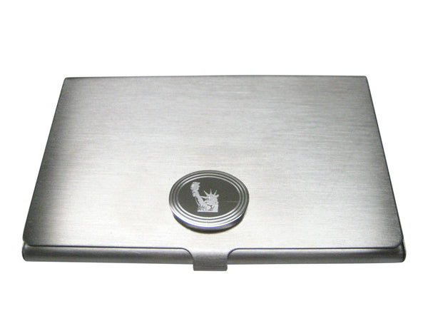 Silver Toned Etched Oval Iconic Statue of Liberty Business Card Holder