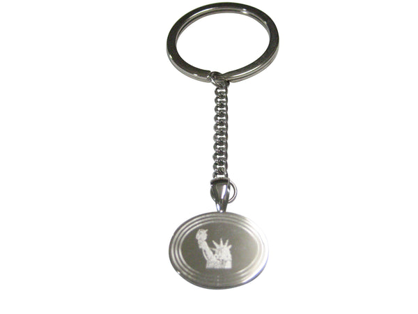Silver Toned Etched Oval Iconic Statue of Liberty Pendant Keychain