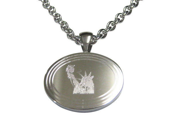 Silver Toned Etched Oval Iconic Statue of Liberty Pendant Necklace