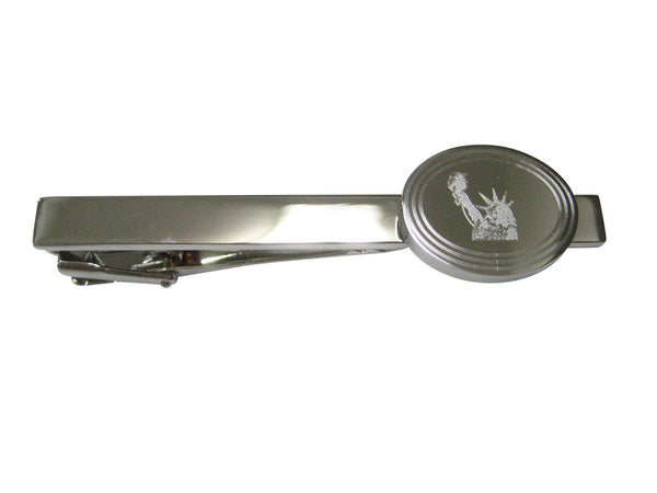 Silver Toned Etched Oval Iconic Statue of Liberty Tie Clip