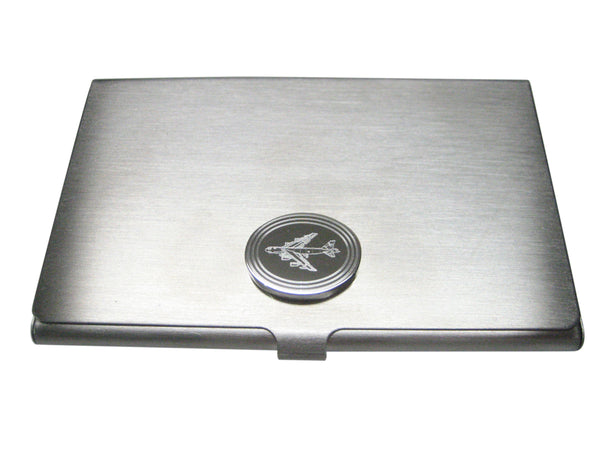 Silver Toned Etched Oval Jumbo Jet Plane Business Card Holder