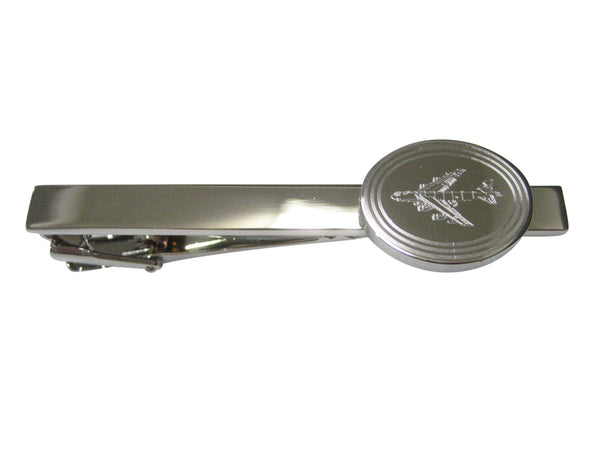 Silver Toned Etched Oval Jumbo Jet Plane Tie Clip