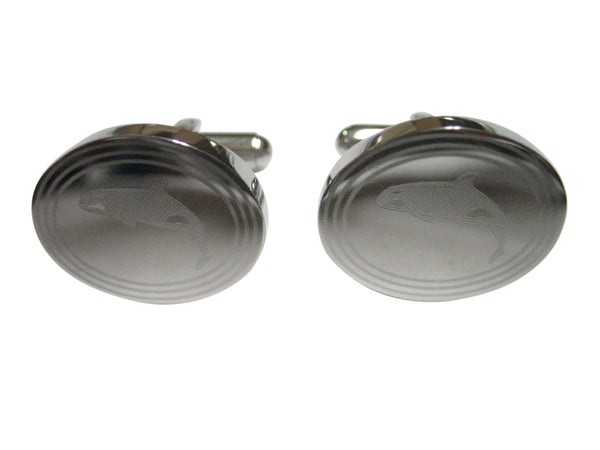 Silver Toned Etched Oval Jumping Killer Whale Orca Cufflinks