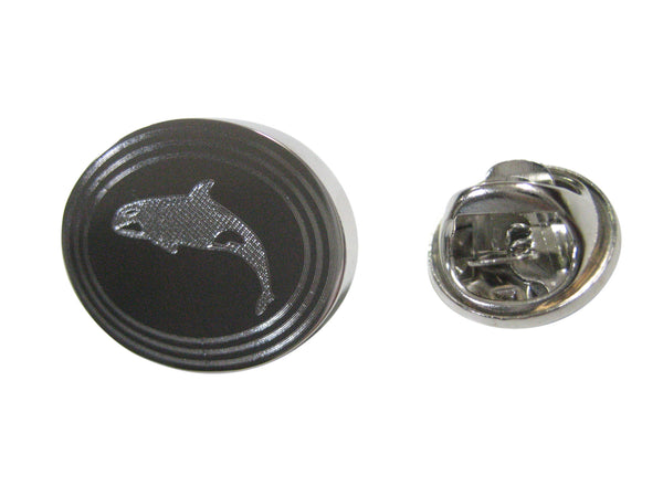 Silver Toned Etched Oval Jumping Killer Whale Orca Lapel Pin