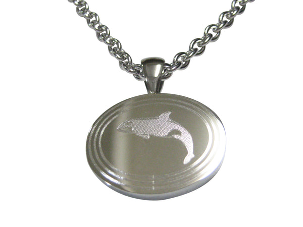 Silver Toned Etched Oval Jumping Killer Whale Orca Pendant Necklace