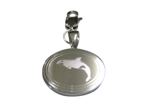 Silver Toned Etched Oval Jumping Killer Whale Orca Pendant Zipper Pull Charm