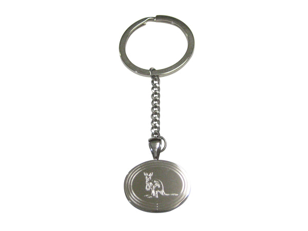 Silver Toned Etched Oval Kangaroo Pendant Keychain