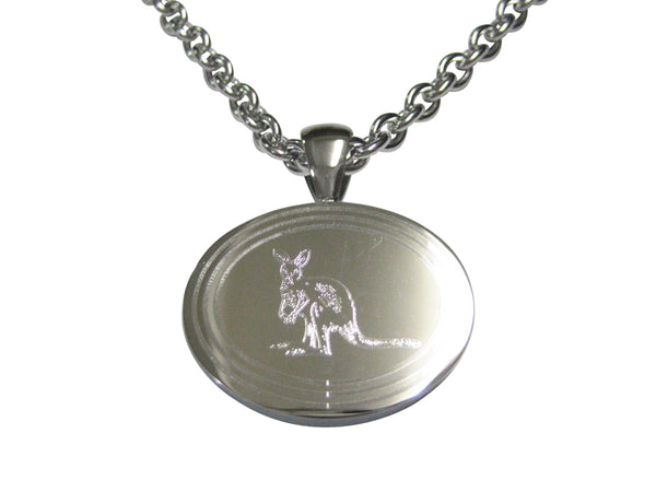 Silver Toned Etched Oval Kangaroo Pendant Necklace