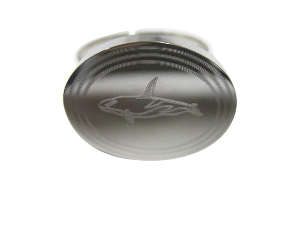 Silver Toned Etched Oval Killer Whale Orca Adjustable Size Fashion Ring