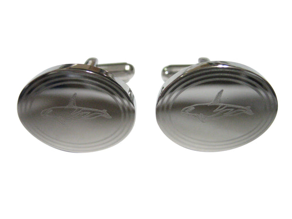 Silver Toned Etched Oval Killer Whale Orca Cufflinks