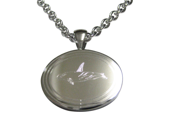 Silver Toned Etched Oval Killer Whale Orca Pendant Necklace