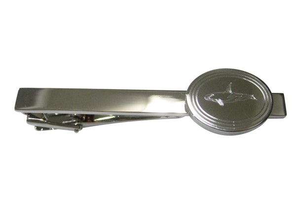 Silver Toned Etched Oval Killer Whale Orca Tie Clip