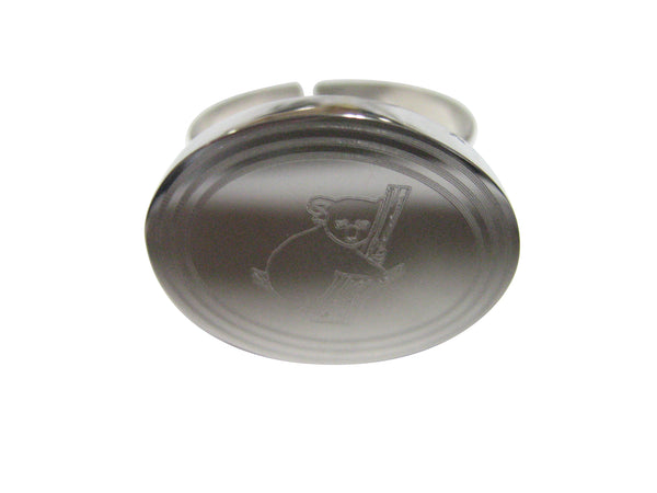 Silver Toned Etched Oval Koala Adjustable Size Fashion Ring