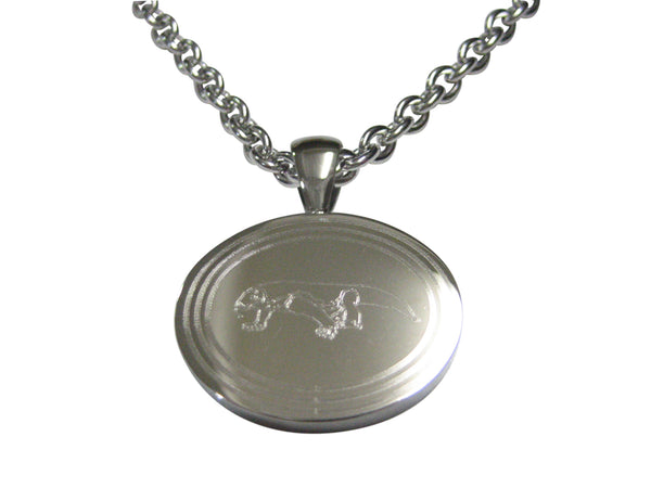 Silver Toned Etched Oval Komodo Dragon Pendant Necklace