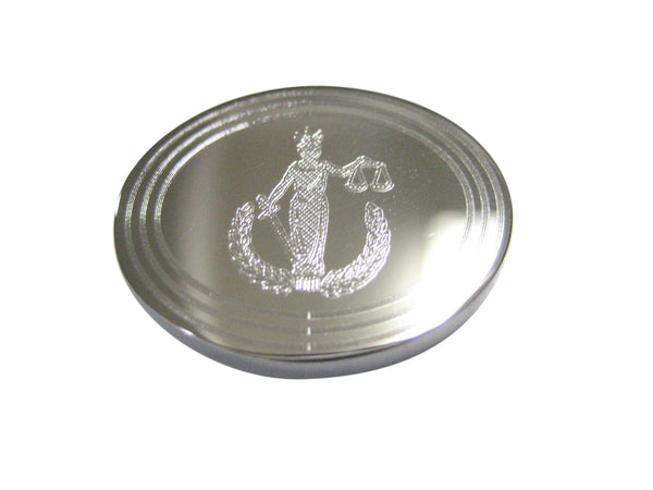 Silver Toned Etched Oval Lady Justice Magnet
