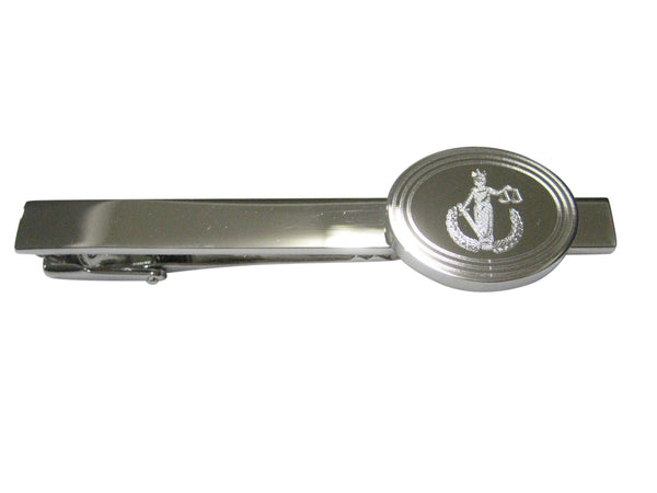 Silver Toned Etched Oval Lady Justice Tie Clip