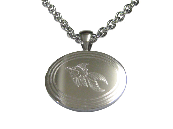 Silver Toned Etched Oval Large Tropical Fish Pendant Necklace