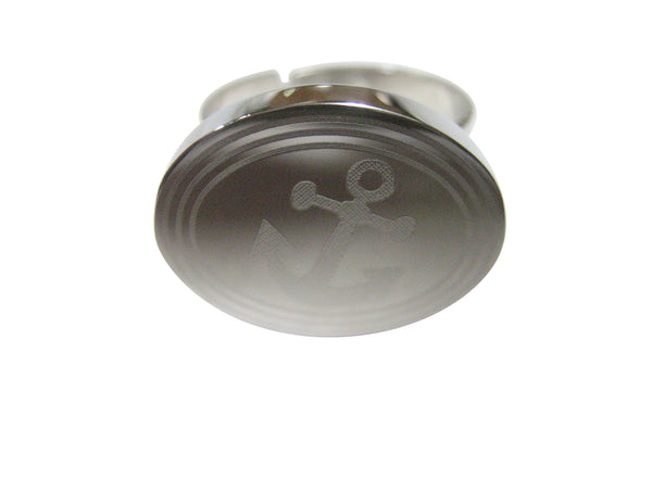 Silver Toned Etched Oval Leaning Nautical Anchor Adjustable Size Fashion Ring