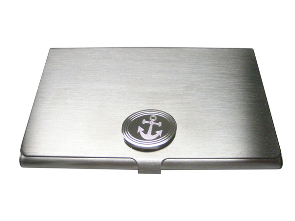 Silver Toned Etched Oval Leaning Nautical Anchor Business Card Holder