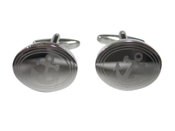 Silver Toned Etched Oval Leaning Nautical Anchor Cufflinks