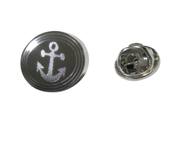 Silver Toned Etched Oval Leaning Nautical Anchor Lapel Pin