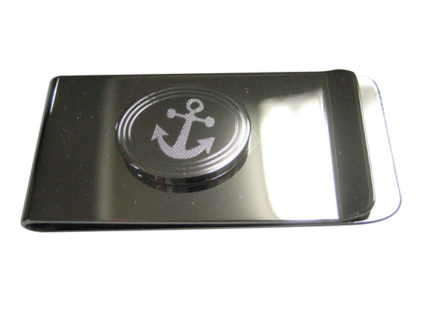 Silver Toned Etched Oval Leaning Nautical Anchor Money Clip