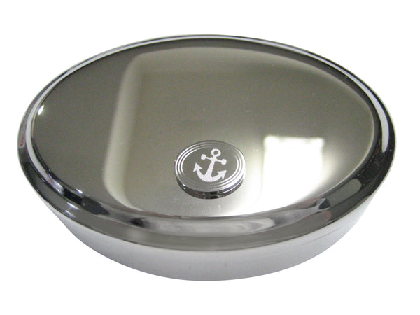 Silver Toned Etched Oval Leaning Nautical Anchor Oval Trinket Jewelry Box