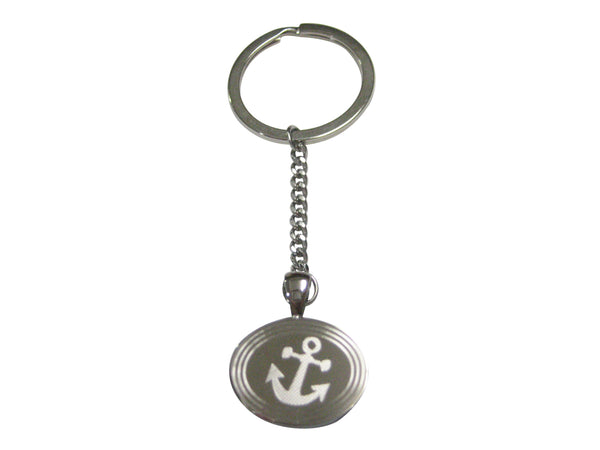 Silver Toned Etched Oval Leaning Nautical Anchor Pendant Keychain