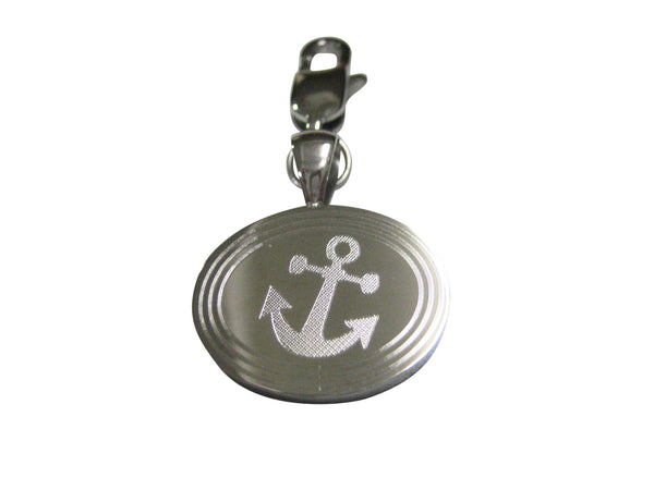 Silver Toned Etched Oval Leaning Nautical Anchor Pendant Zipper Pull Charm