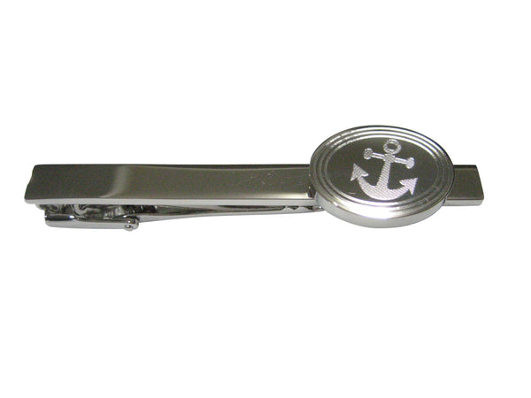 Silver Toned Etched Oval Leaning Nautical Anchor Tie Clip