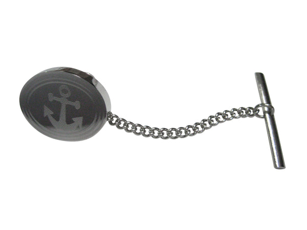 Silver Toned Etched Oval Leaning Nautical Anchor Tie Tack