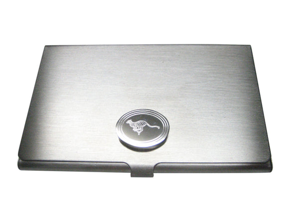 Silver Toned Etched Oval Leaping Cheetah Business Card Holder