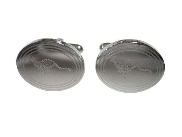 Silver Toned Etched Oval Leaping Cheetah Cufflinks