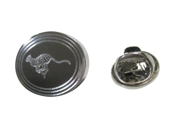 Silver Toned Etched Oval Leaping Cheetah Lapel Pin