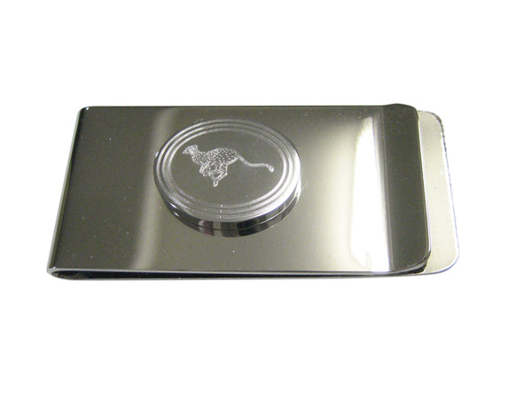 Silver Toned Etched Oval Leaping Cheetah Money Clip