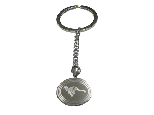Silver Toned Etched Oval Leaping Cheetah Pendant Keychain