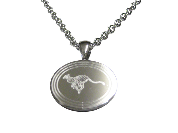 Silver Toned Etched Oval Leaping Cheetah Pendant Necklace