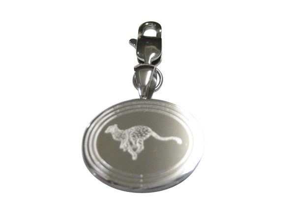 Silver Toned Etched Oval Leaping Cheetah Pendant Zipper Pull Charm