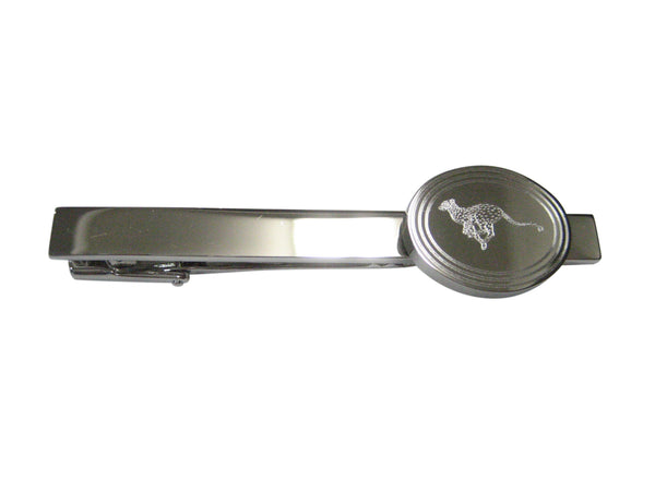 Silver Toned Etched Oval Leaping Cheetah Tie Clip