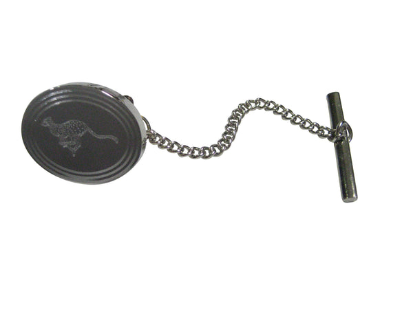 Silver Toned Etched Oval Leaping Cheetah Tie Tack