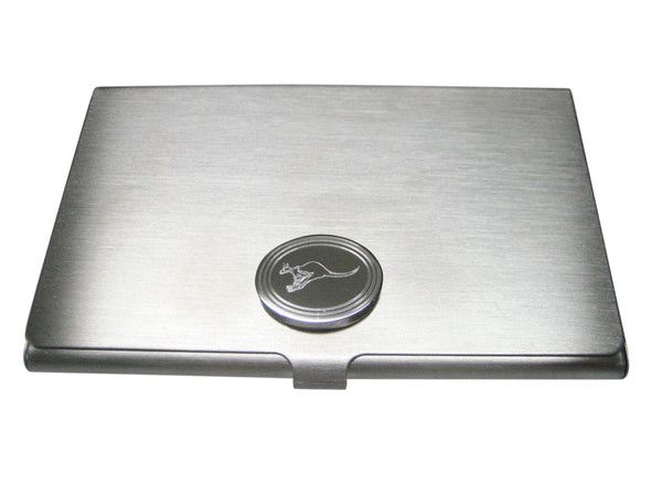 Silver Toned Etched Oval Leaping Kangaroo Business Card Holder